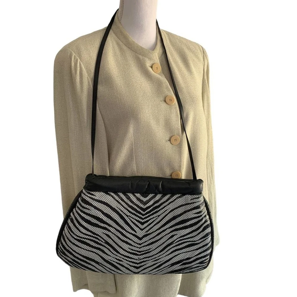 Whiting & Davis 80s Vintage USA Zebra Print Metal Mesh Clutch Crossbody Bag