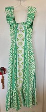 ATHENTIC 1960s Hawaii Maxi Dress MuuMuu Barkcloth GREEN  AQUA TIKI PRINT Sz 2