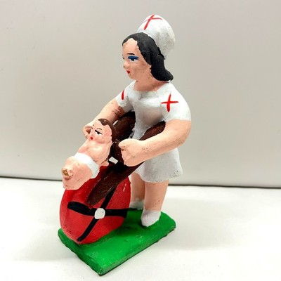 VTG Brazilian Folk Art Painted Clay Sculpture Nurse Pushing Baby in Wheelbarrow