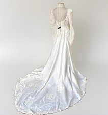 Vintage 1980s 1990s Beaded Lace Wedding Dress Puff Sleeve Train Veil Button Back