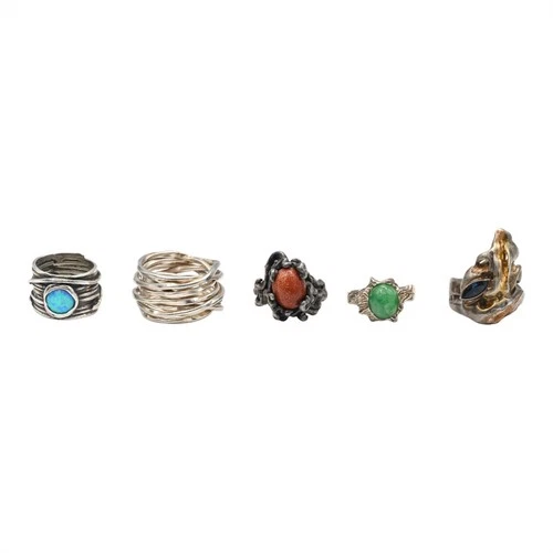 VINTAGE BRUTALIST OPAL JADE GOLDSTONE SAPPIRE LOT OF 5 RINGS STERLING SZ 5.5-8