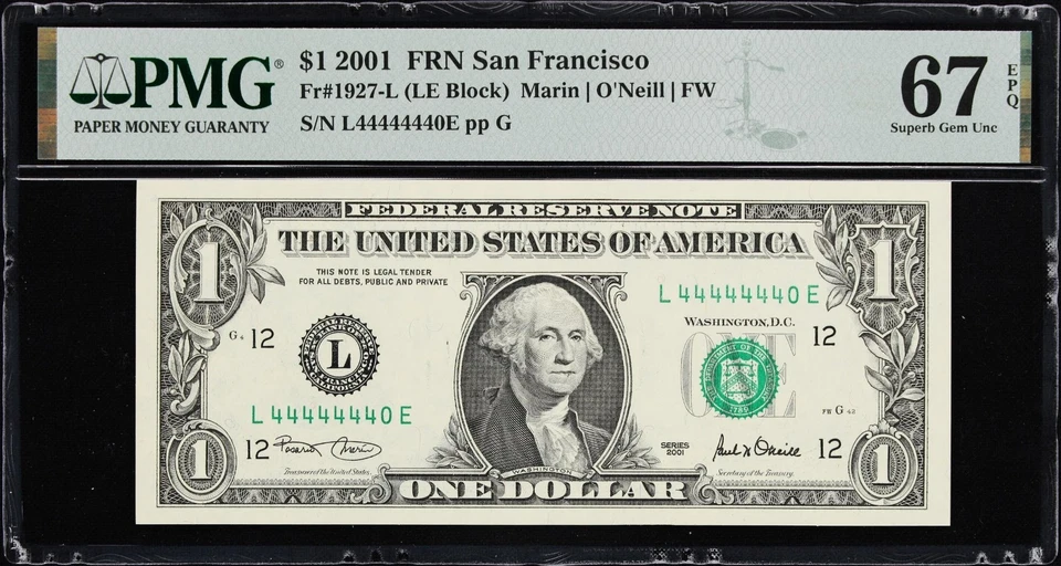 7 of Kind NEAR SOLID # 44444440 Consecutive Fancy Binary serial # PMG 67 EPQ $1 - Image 2 of 3