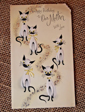 Vtg Birthday Card Siamese cat mid century scrap
