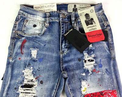 Industrial Indigo Jeans Mens 30x32 MASONRY DNM Skinny Distressed Ripped Splatter