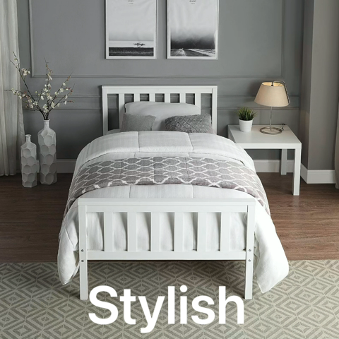 White Solid Wooden Bed Frame Single 4ft Double King Size Bed With Mattress Pine