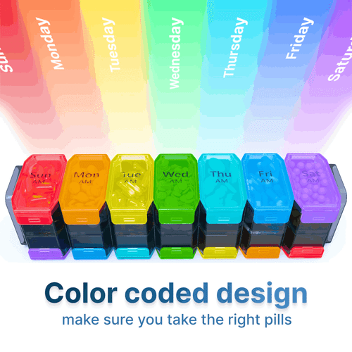 Extra Large Weekly Pill Organizer 2 Times a Day XL Pill Case Am Pm Rainbow Color - Picture 3 of 7