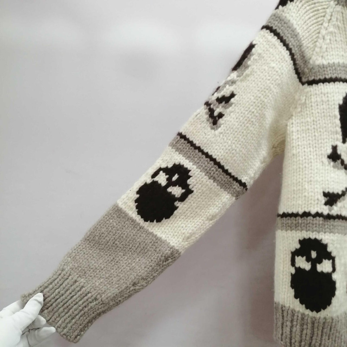 Mastermind Japan Skull Cowichan Knit Hoodie White x Brown Cashmere