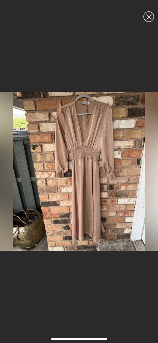 Resa X Revolve Size S Smocked V-Neck Slinky Maxi Dress beige Night Out