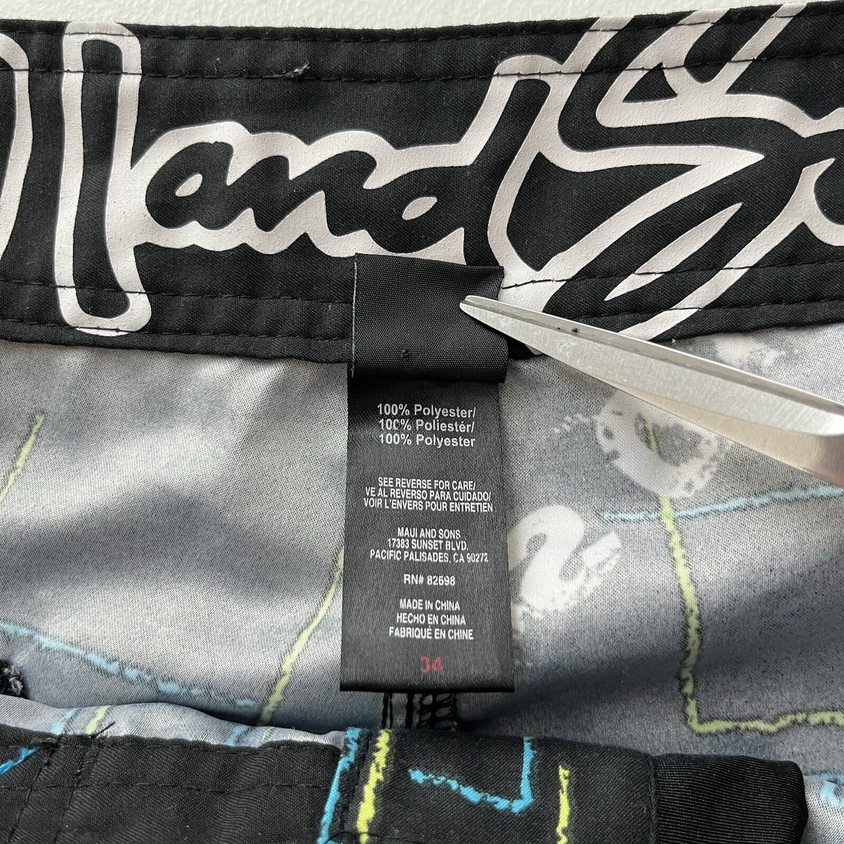 Maui & Sons Swim Trunks Men's 34 Black Drawstring Pocket Logo