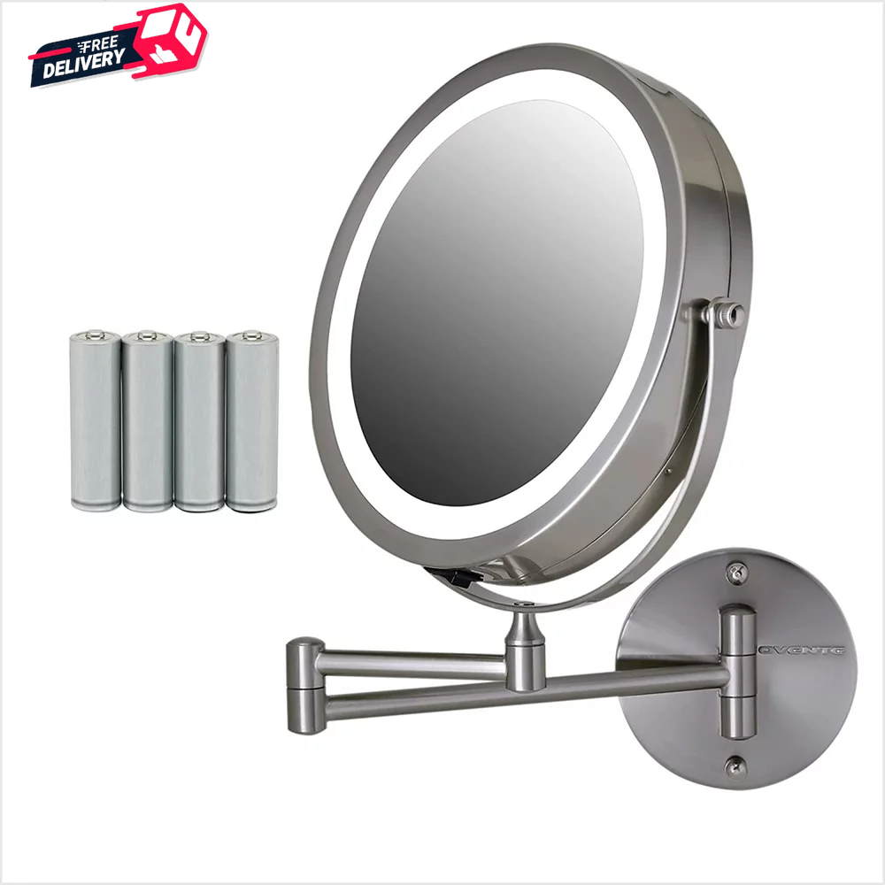Wall Mount Adjustable LED Makeup Mirror with Double-Sided Round Light and Folding Arm-image
