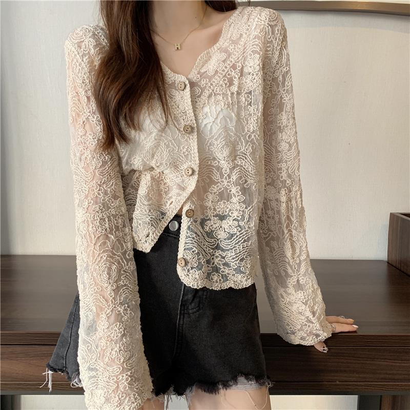 Ladies Lace Crochet Cardigan V-neck Hollow Knitted Embroidered