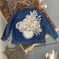 Upcycled Bouquet Denim Jacket with Gems and Antique Fabrics Size XXL