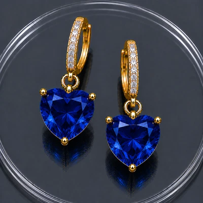 Blue Sapphire Herz Ohrring 925 Sterlingsilber 2 Steine Handgefertigt - Bild 1 von 4