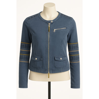 Tom Tailor Jacket Denim Blue Boho Trim Moto Style Zip Front Texture Cotton Large