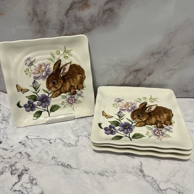 Maxcera Bunny Spring Floral 8.5  Salad Plates Set of 4 NEW