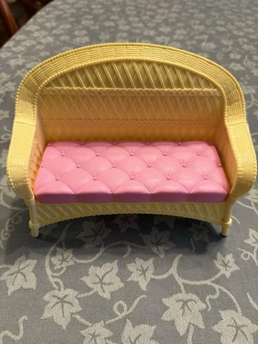 Vintage 90s Barbie Furniture Pink Yellow Garden plastic Wicker look Couch Sofa