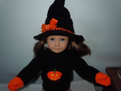 Hand Knit American Made Black Witch Hat Orange Pumpkin Sweater fit 18'' Girl Doll