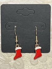 Retro Christmas Stocking Holiday Gold Loop Enamel Drop Dangle Adorable Earrings