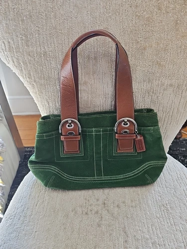 BORSA TOTE BAG COACH SOHO VERDE LIME CAMOSCIO PELLE MARRONE BRITANNICO FINITURE BUSINESS TOTE