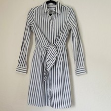 Calvin Klein Shirtdress Women 2 White Navy Striped Tie Waist Preppy Office Chic
