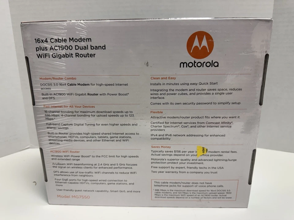 Motorola MG7550 16x4 DOCSIS 3.0 Cable Modem Plus AC1900 WiFi Router - New Sealed - Image 4 of 4