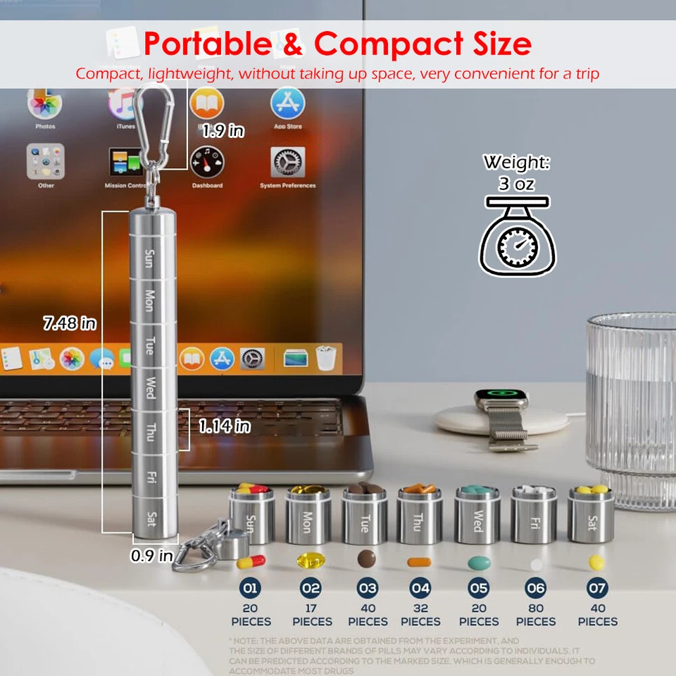 7 Day Travel Pill Organizer Weekly Metal Case Portable Box Container Waterproof - Image 3 of 4