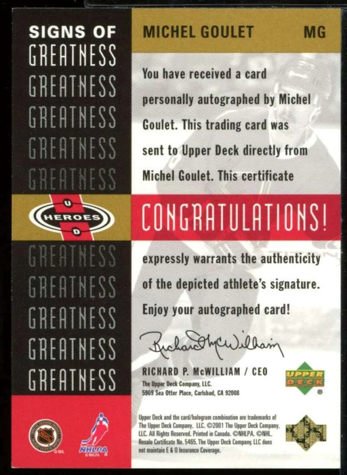 Michel Goulet Card 2000-01 Upper Deck Heroes Signs of Greatness #MG - Image 2 of 2