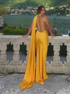 Women Sexy Backless Satin Lace Up Dresses Elegant Off Shoulder Long Dress