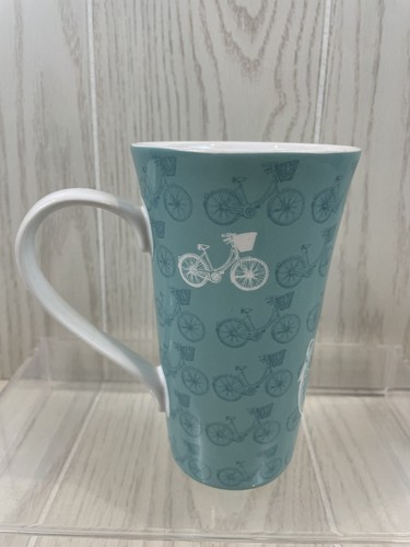 222 FIFTH TALL TURQUOISE BLUE COFFE TEA MUG BICYCLE WITH GARDEN BASKET Porcelain - Picture 4 of 9