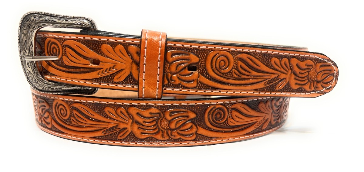 Unbranded Embossed Floral Gold Leather Belt 30 M Oval Buckle Western Rodeo Boho Men main image 2
