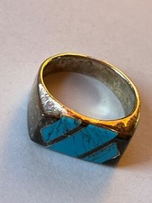 Blue Turquoise Inlaid w 925 Marked Silver Striped Rectangle Band Ring Size 8 -