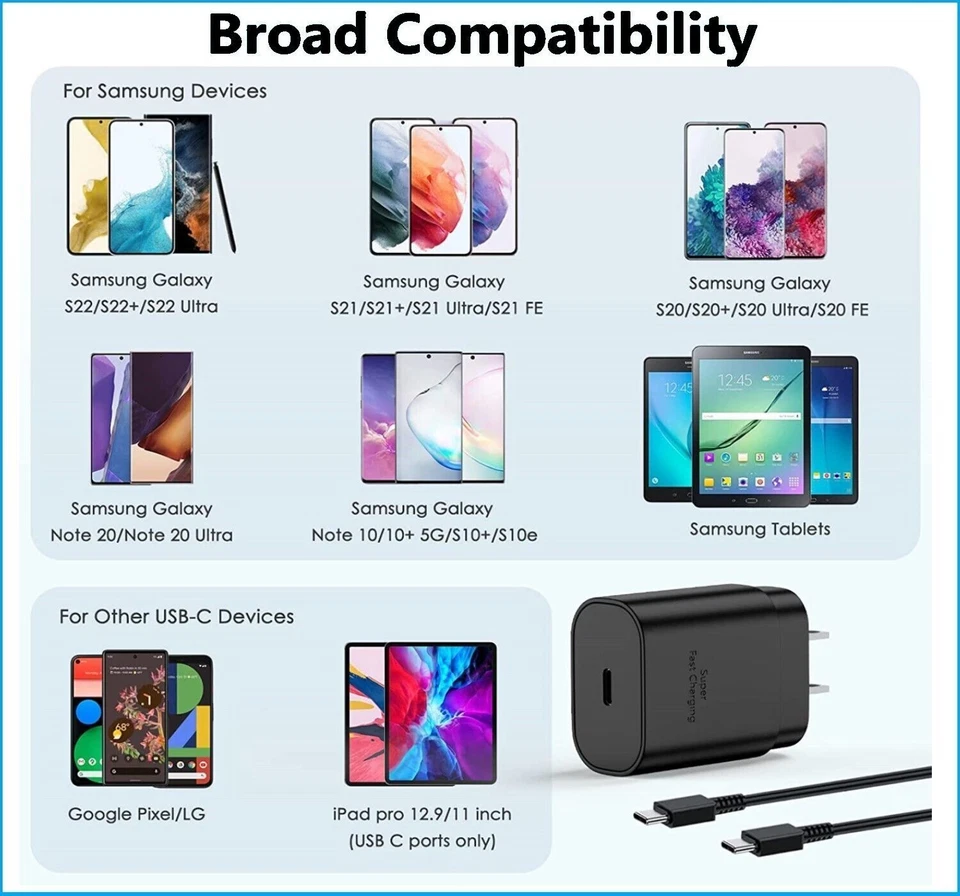 25w Type USB-C Fast Wall Charger+6FT Cable For Samsung Galaxy S20 S21 5G lot US - Image 4 of 4
