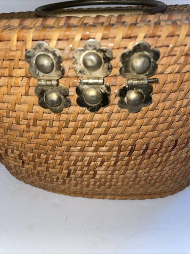 Cesta de té ceremonial china vintage tejida de mimbre hecha a mano mango de latón - Imagen 4 de 9