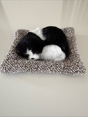 Realistic Black & White Puppy Dog Plush Laying on Pet Bed 7  Stuffed Animal