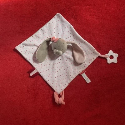 🇫🇷 DOUDOU PLAT CARRÉ LAPIN ROSE BEIGE COEURS TÉTINE ANNEAU FUNNY ZOO TTBE - Photo 1/4