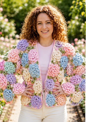 Handmade Crochet Pink Meadow 3D Multi-Color Rose Cardigan Chunky Sweater
