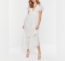 Forever 21 White Lace V-Neck Maxi Dress with Puff Sleeves Size M