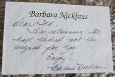 BARBARA NICKLAUS SIGNED NOTE TO TED ABOUT SENDING A NICKLAUS SIGNED GOLF BALL