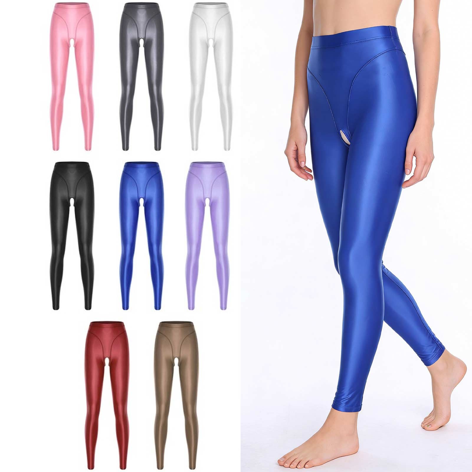 Women Oil Silky Shiny Tights Hollowing Out High Waist Elasticity Opaque Pants