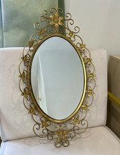Vintage Mid Century Hollywood Regency Gold Wrought Iron Ornate Oval Wall Mirror