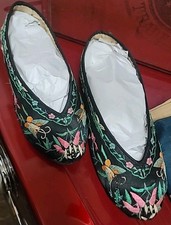 Antique Chinese Shoes Hand Embroidered Silk Ink Label Original Leather Soles