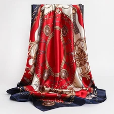 Luxury Satin Square Scarf Red Navy Chain Print Women's Head Scarf Neckerchief