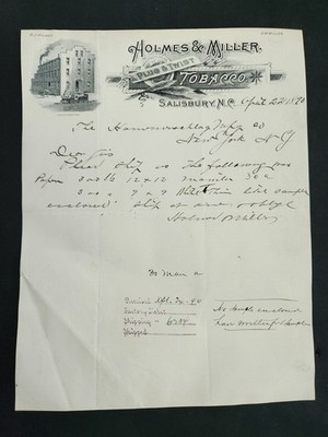 1890 antique HOLMES & MILLER TOBACCO salisbury nc LETTERHEAD letter 