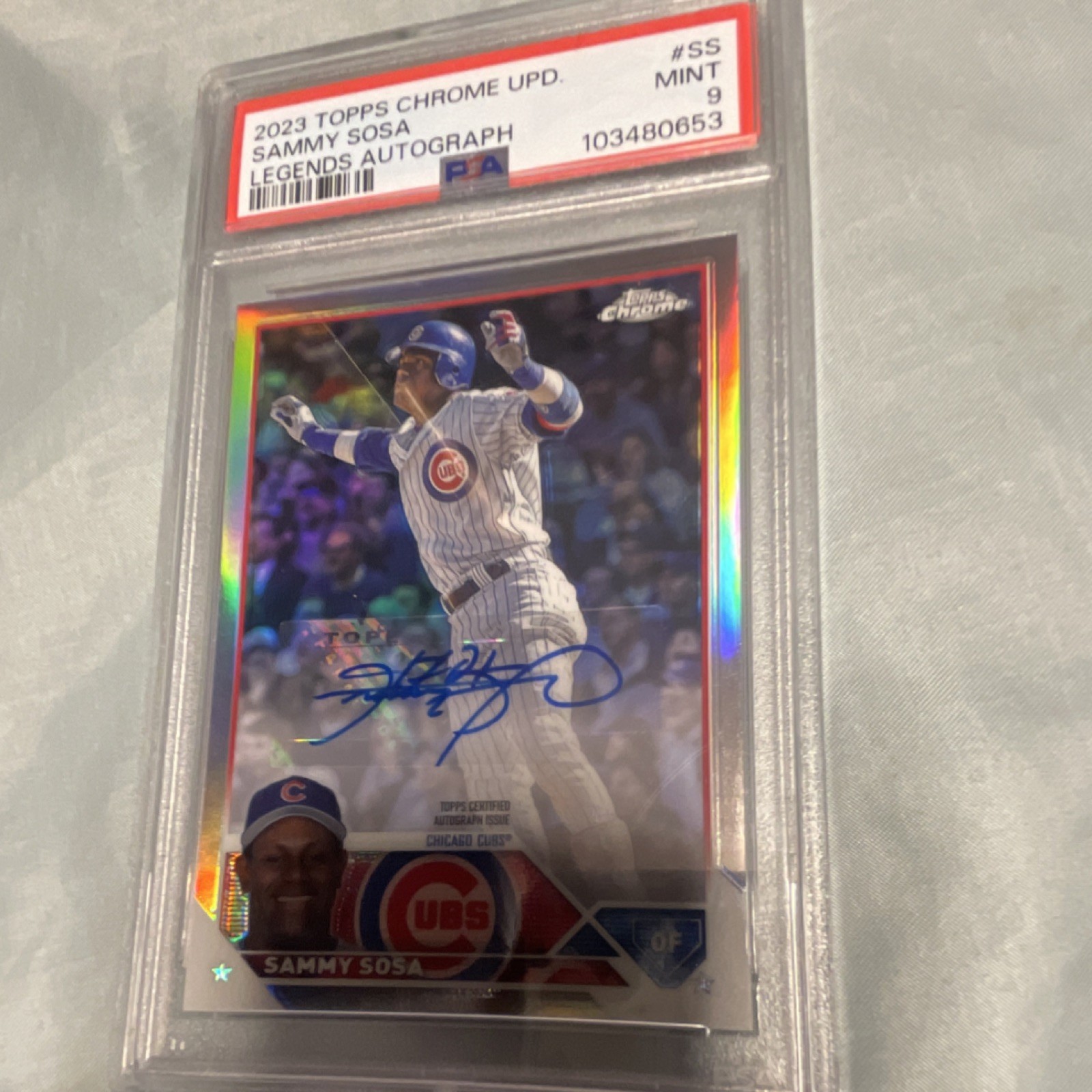Topps 2023 Chrome Update Sammy Sosa Auto 08/50 Chicago Cubs #CLA-SS PSA 9 /50 
