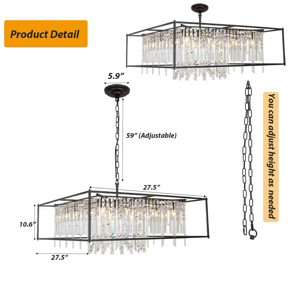 27.5 inch Modern Crystal Chandelier for Dining Room,Black Square Farmhouse In... - Image 3 of 4