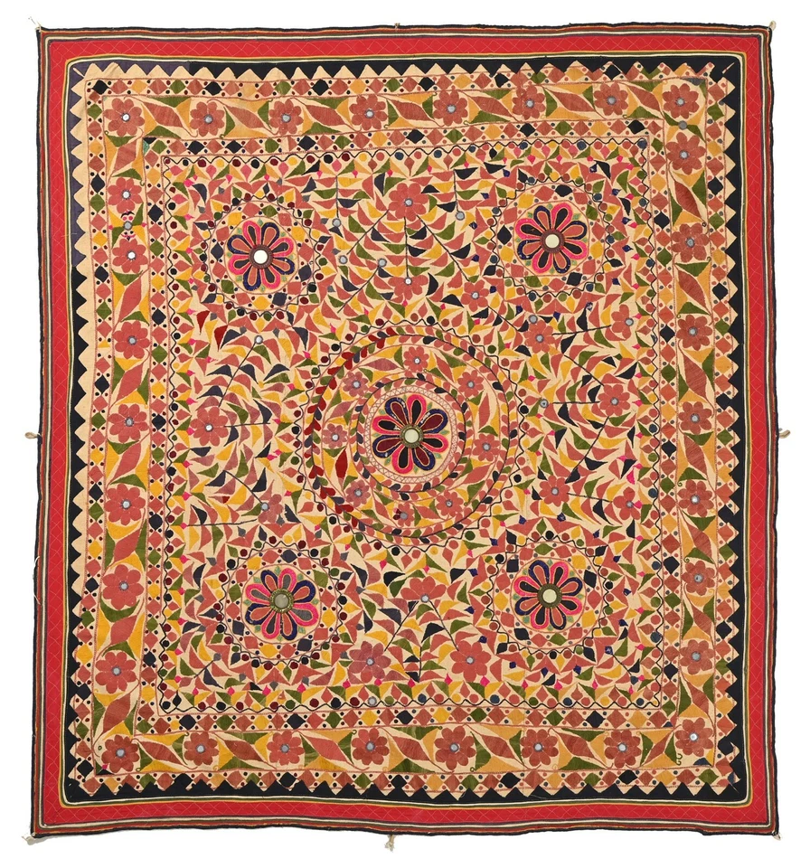 Antique Indian 70-80 year old 5.3 X 5.9 ft Embroidered, Vintage Gujrati Tapestry - Image 4 of 4