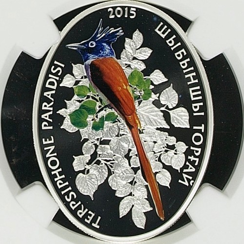 KAZAKHSTAN. 2015, 500 Tenge, Silver - NGC PF69 - Top Pop 🥇 Paradise Flycatcher - Picture 3 of 5