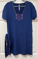 BANANA REPUBLIC Women's Size 6 Ruched Sleeve Bead Trim Lined Blue Dress Belt