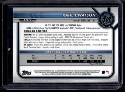 2022 Bowman chrome saphir QTY Kahlil Watson Miami Marlins #BCP-3 - Photo 2 sur 2