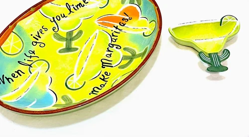NEW Clay Art Two-Piece MAKE MARGARITAS Lime Green 16” Platter & Bowl Chip & Dip